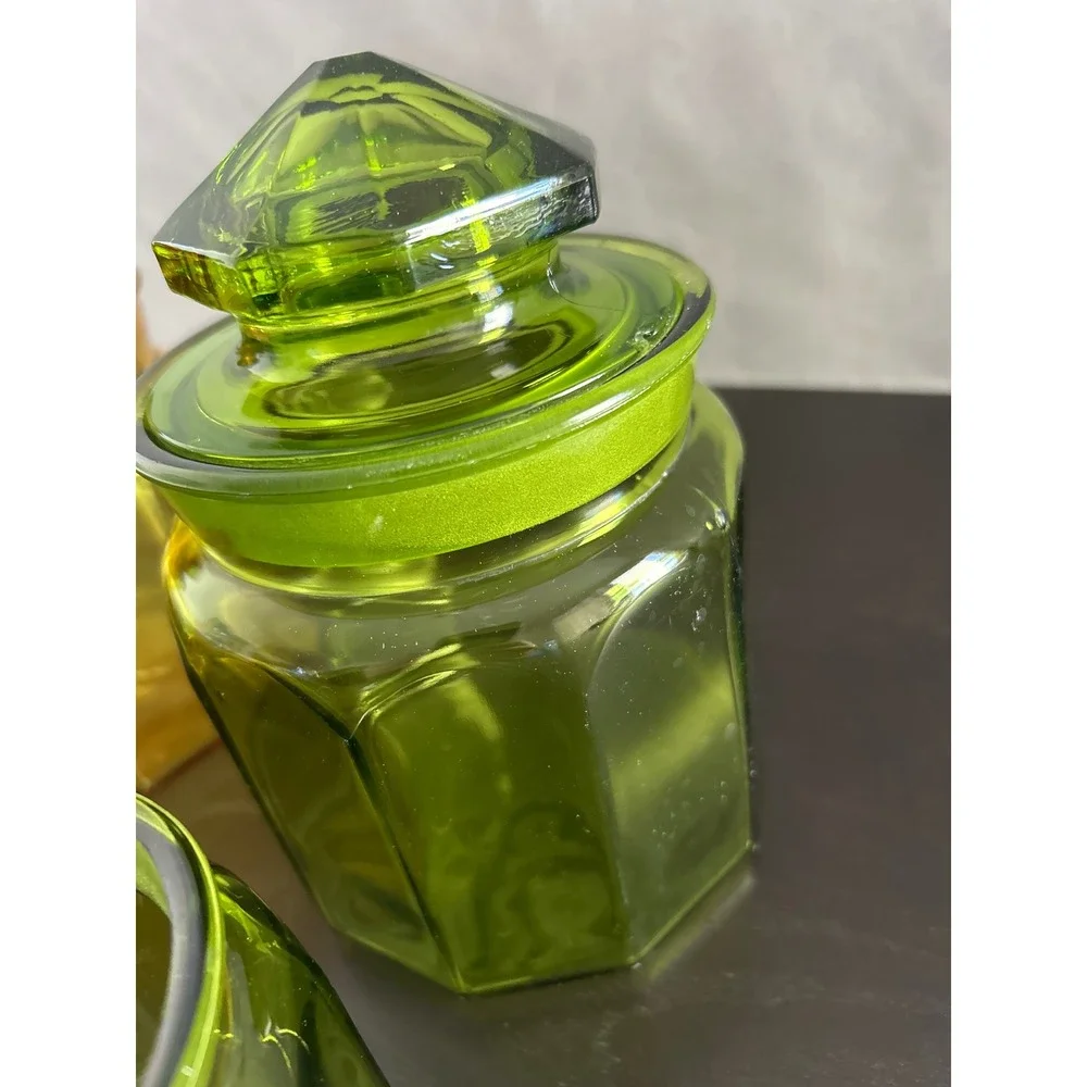 Vintage Octagonal Glass Apothecary Jars Set of 4 Amber & Green Faceted Lids MCM
